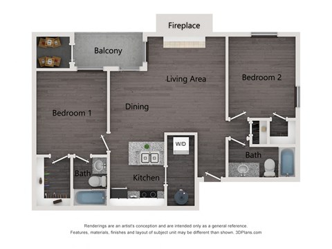 Floor plan for 2 beds, 2 baths, 1000 sqft